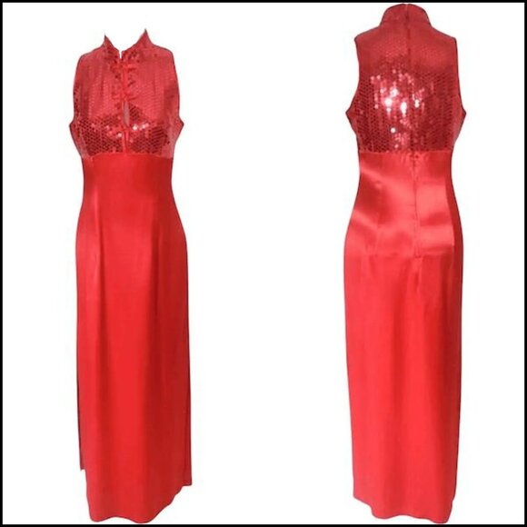 Vintage Red Satin Cheongsam Gown Empire Waist, 40s 50s Style by ZumZum -80s - Picture 2 of 15